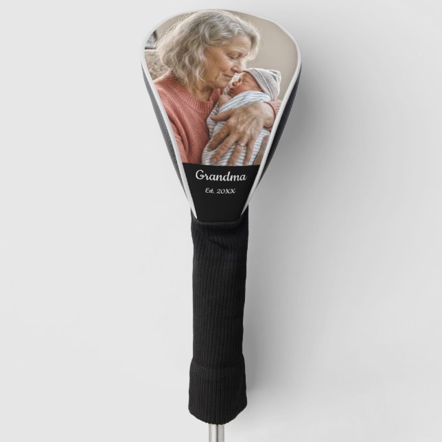 Simple Script Grandma Est.Photo Year Black Golf Headcover (Vorderseite)