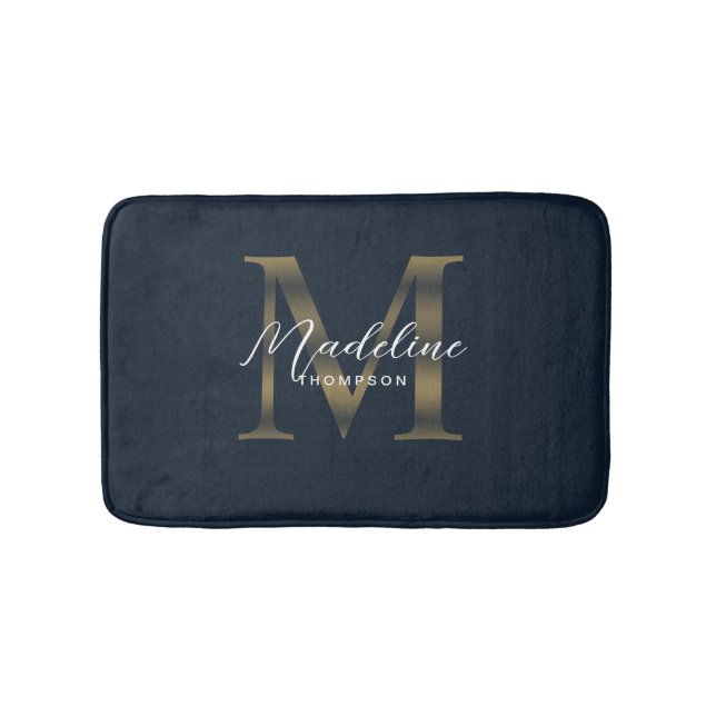Simple Script Metallic Navy Blue Gold Monogram Badematte (Vorderseite)
