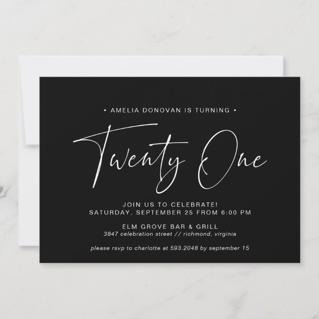 Simple Script | Modern Minimal Black 21st Birthday Einladung (Vorderseite)
