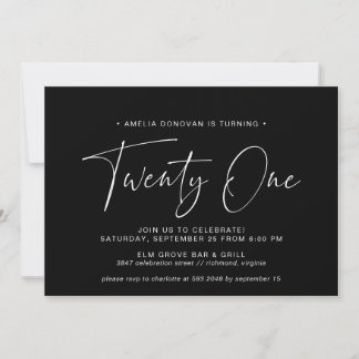 Simple Script | Modern Minimal Black 21st Birthday Einladung
