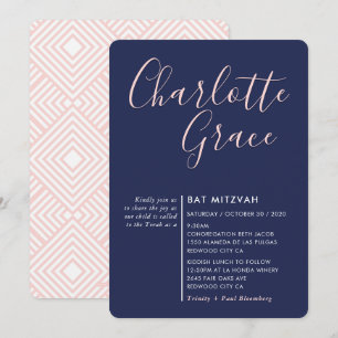 SIMPLE SCRIPT moderne Bat Mitzvah Marine blau pink Einladung