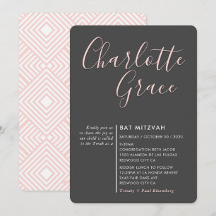 SIMPLE SCRIPT moderner Bat Mitzvah dunkelgrau rosa Einladung