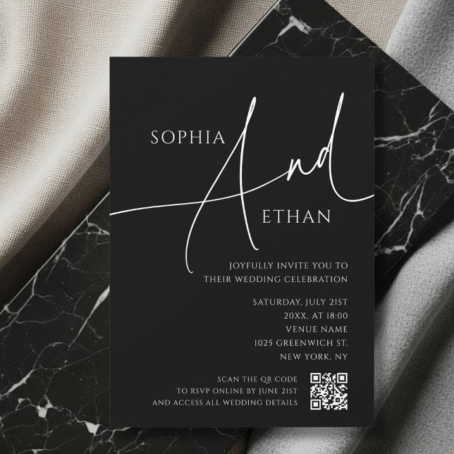 Simple Script Moody QR Code Black Wedding Einladung (Von Creator hochgeladen)