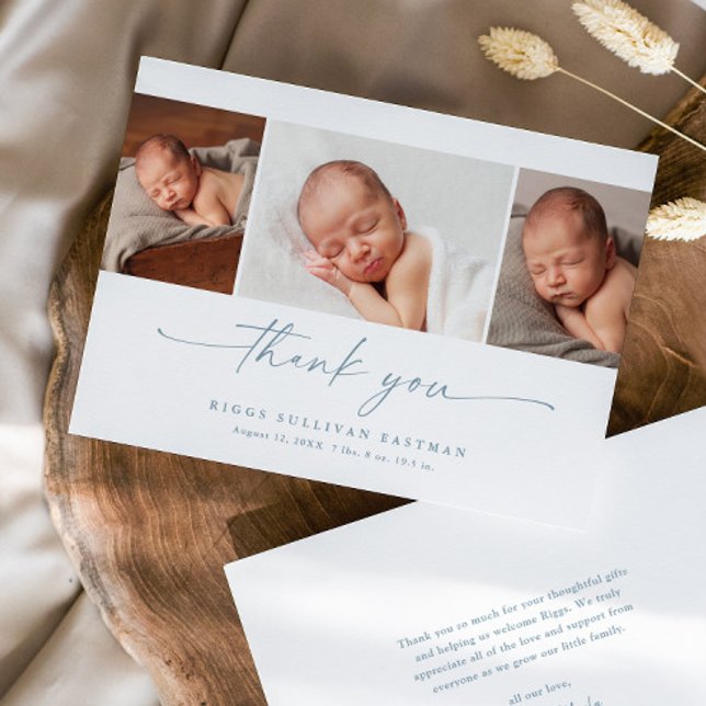 Simple Script Photo Collage Baby Dankeskarte (Elegant modern script 3 photo collage baby thank you announcement card.)