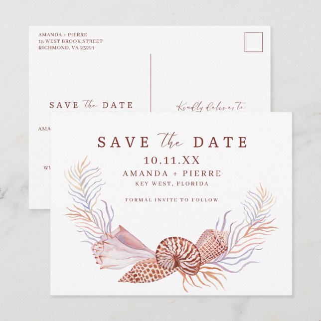 Simple Seashell Beach Wedding Save the Date Ankündigungspostkarte (Vorne/Hinten)