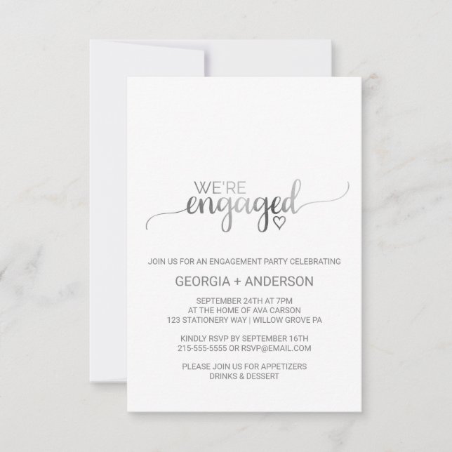 Simple Silver Foil Calligrafy Engagement Party RSVP Karte (Vorderseite)