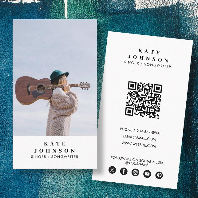 Simple Singer Musician Foto Social Media QR-Code Visitenkarte (Simple Singer Musician Photo Social Media QR Code Business Card)