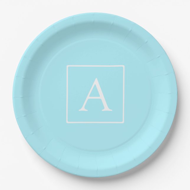 Simple Sky Blue Monogram Pappteller (Vorderseite)