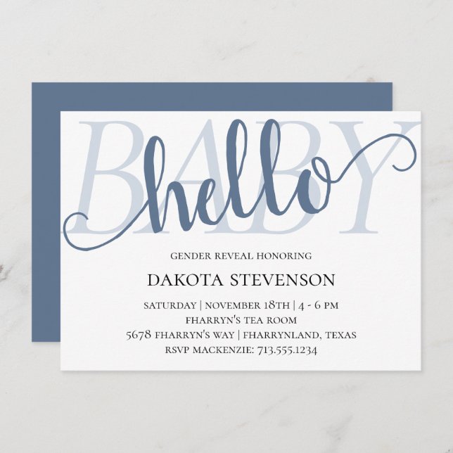 Simple Slate Hello Baby | Dusty Blue Script Dusche Einladung (Vorne/Hinten)