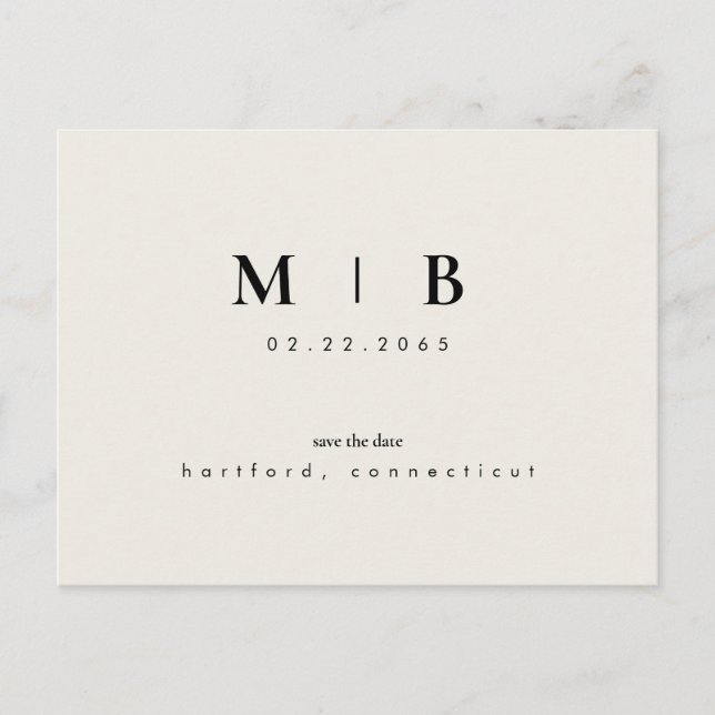 Simple Sleek Monogram Beige Save the Date Hochzeit Postkarte (Vorderseite)