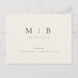 Simple Sleek Monogram Cream Save the Date Hochzeit Ankündigungspostkarte