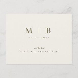Simple Sleek Monogram Cream Save the Date Hochzeit Ankündigungspostkarte