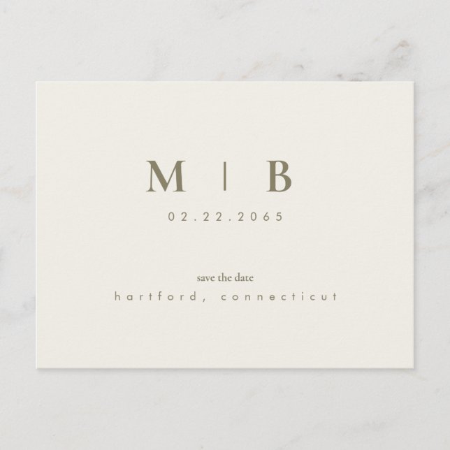 Simple Sleek Monogram Cream Save the Date Hochzeit Ankündigungspostkarte (Vorderseite)