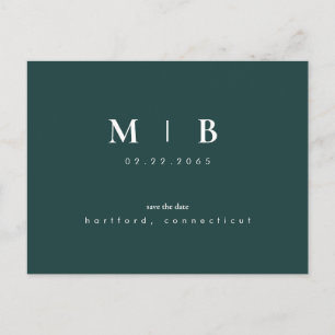 Simple & Sleek Monogram Emerald Save the Date Ankündigungspostkarte