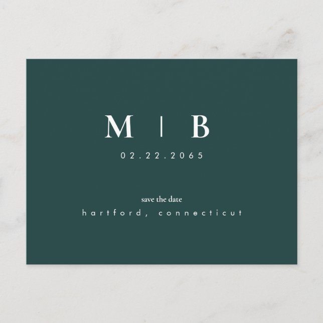 Simple & Sleek Monogram Emerald Save the Date Ankündigungspostkarte (Vorderseite)
