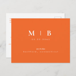 Simple Sleek Monogram Orange Save the Date Hochzei Ankündigungspostkarte