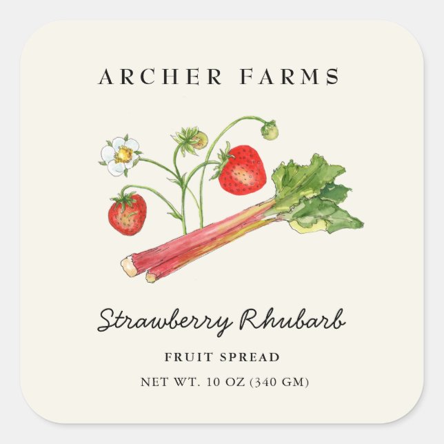 Simple Strawberry Rhubarb square Jam Jar Label Quadratischer Aufkleber (Vorderseite)