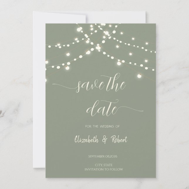 Simple String Lights Sage Green Save The Date (Vorderseite)