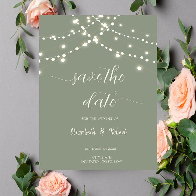 Simple String Lights Sage Green Save The Date (Von Creator hochgeladen)