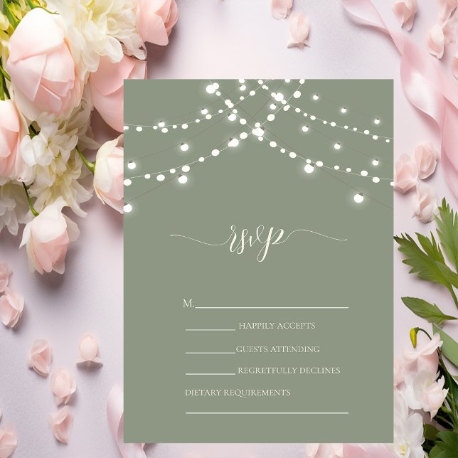 Simple String Lights Sage Green Wedding RSVP   Einladung (Von Creator hochgeladen)