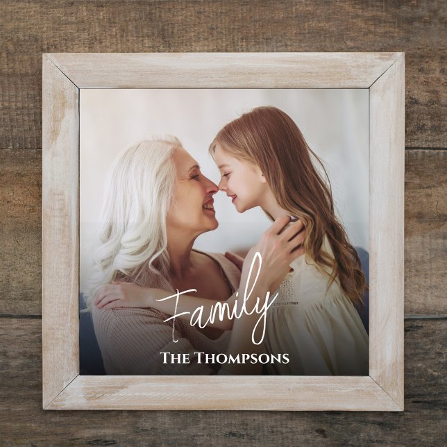 Simple Stylish Calligraphy Script Photo Overlay Fotodruck (Simple minimalist photo print with white "family" lettering.)
