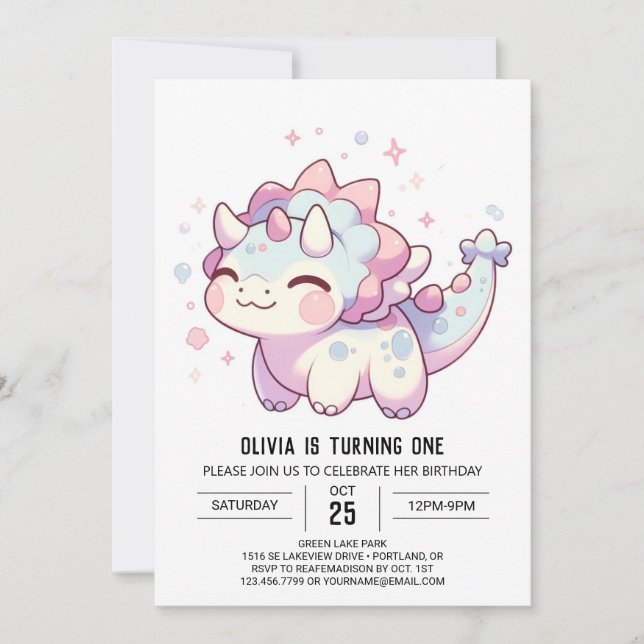 Simple Sweet Dinosaur 1. Geburtstag Einladung (Vorderseite)