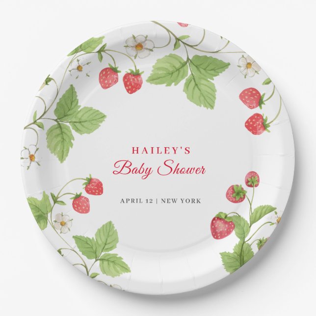 Simple Sweet Greenery Strawberry Baby Shower Pappteller (Vorderseite)