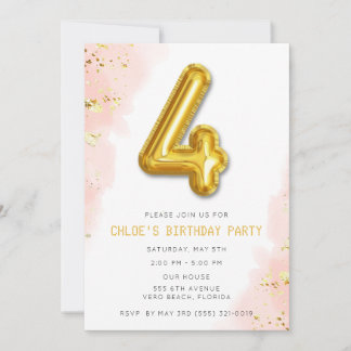 Simple Sweet Pink 4. Geburtstag Ballon Party Einladung