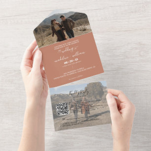 Simple Terracotta Trendy QR Code UAWG Wedding All In One Einladung