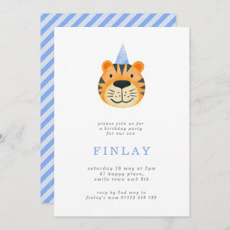 Simple Tiger und Party Hat Blue Birthday Party Einladung