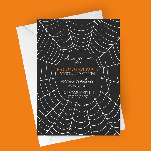 Simple Typografy Spiderweb Halloween-Party Einladung (Simple Typography Large Spiderweb Modern Halloween Party Invitation)