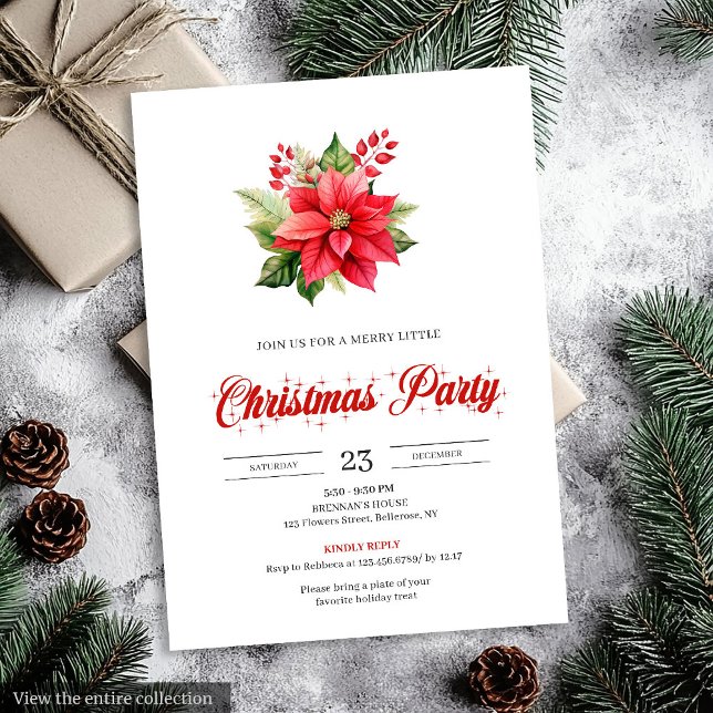 Simple Vintage Red Poinsettia Floral Christmas  Einladung (Simple Vintage Red Poinsettia Floral Christmas Invitation)