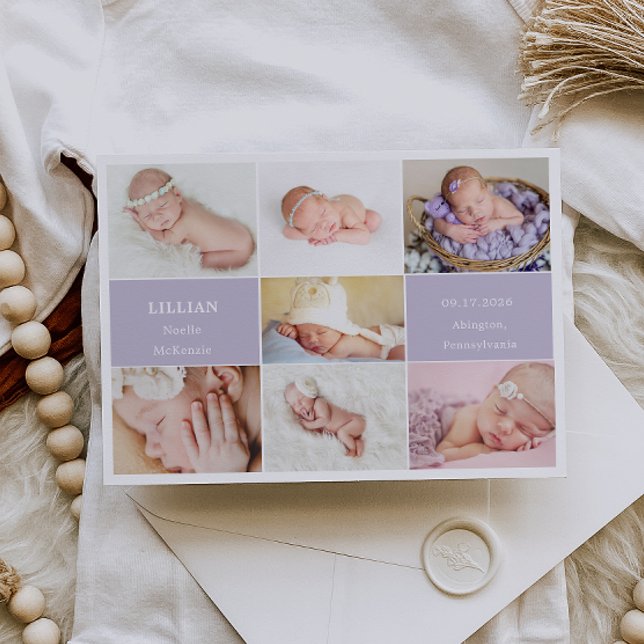 Simple Violet Baby Photo Collage Announcement Card Einladung (Von Creator hochgeladen)