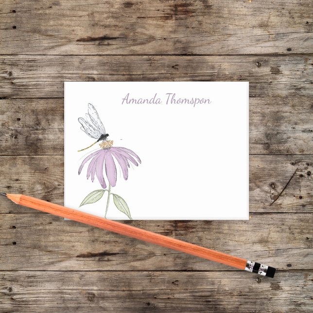 Simple Watercolor Botanical Custom Name Post-it Klebezettel (Purple cone flower and dragonfly custom post it notes. )