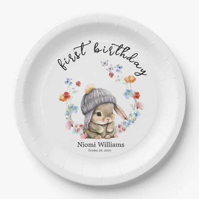 Simple Watercolor Bunny First Birthday Paper Plate Pappteller (Vorderseite)