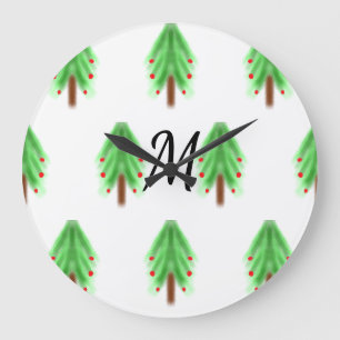 Simple watercolor Christmas pattern add monogram Große Wanduhr