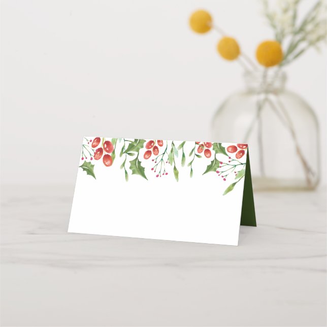 Simple Watercolor Holly Berry Foliage | Feiertage Platzkarte (Vorderseite)
