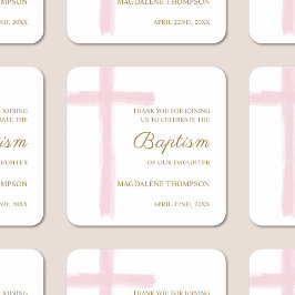 Simple Watercolor Pink Cross Baptism Thank You Quadratischer Aufkleber