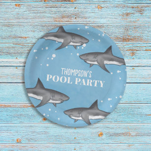 Simple Whimsical Pool Party Haie Blauer Ozean Pappteller