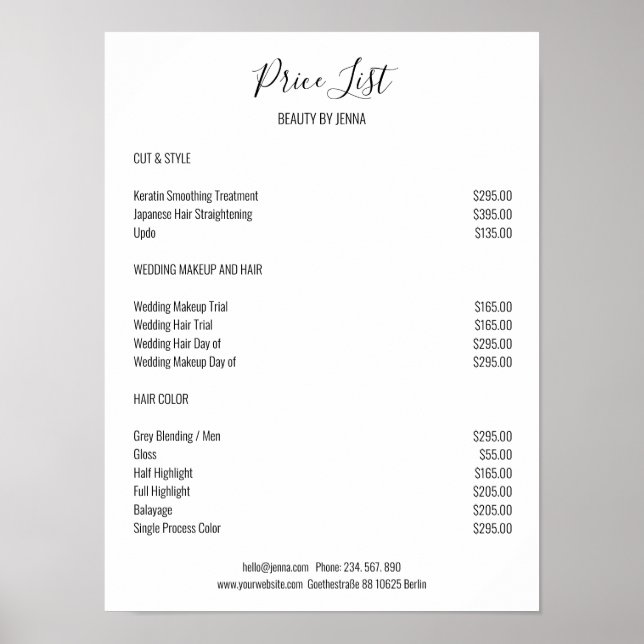 Simple White Black Preislisten Poster (Vorne)