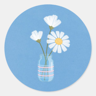 Simple White Daisies Mason Jar auf Blue Runder Aufkleber