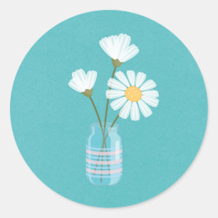 Simple White Daisies Mason Jar Bouquet Runder Aufkleber