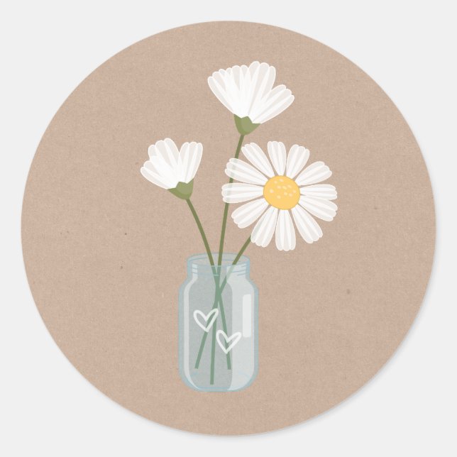 Simple White Daisies Mason Jar Hearts Bouquet Runder Aufkleber (Vorderseite)