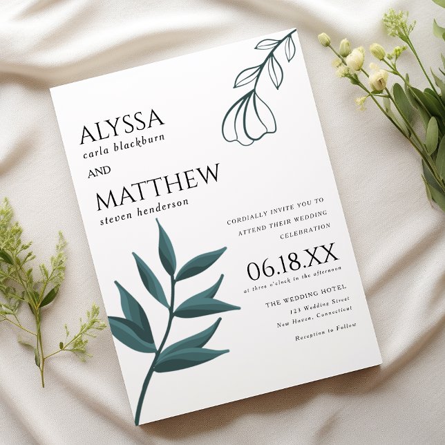 Simple white forest green foliage floral wedding  einladung (Simple white forest green foliage floral wedding)