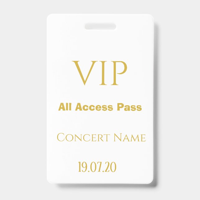 Simple White Gold VIP All Access Pass Konzert Ausweis (Vorderseite)