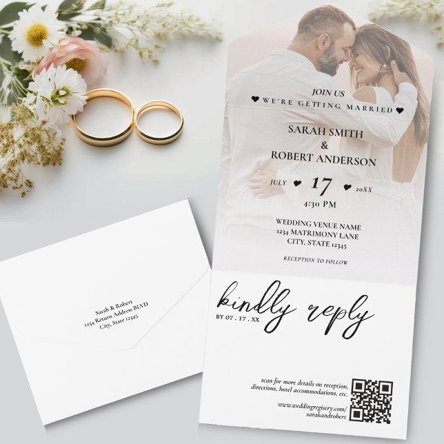 Simple White Newlywed Photo QR Code Wedding All In One Einladung (Simple White Newlywed Photo QR Code Wedding All In One Invitation)