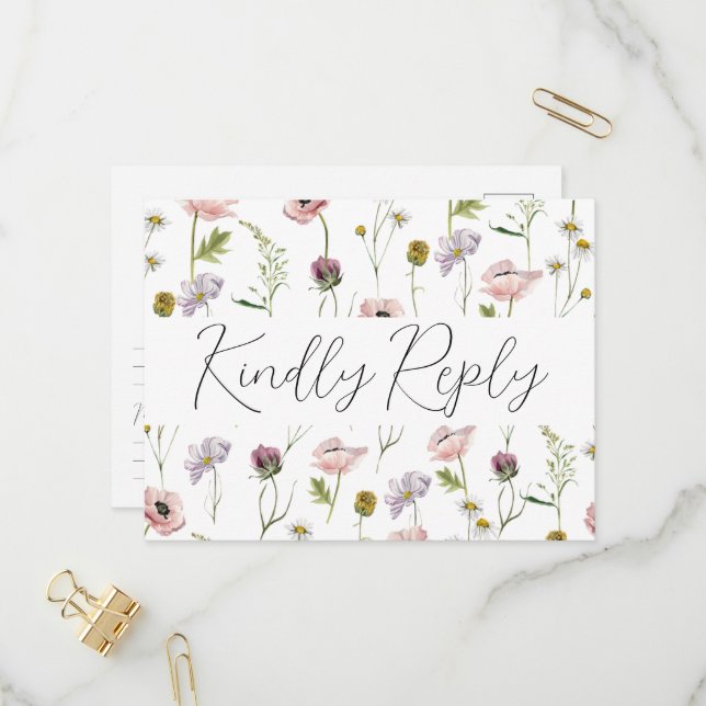 Simple Wild Flower Boho Garden Wedding RSVP Einladungspostkarte (Vorderseite/Rückseite Beispiel)