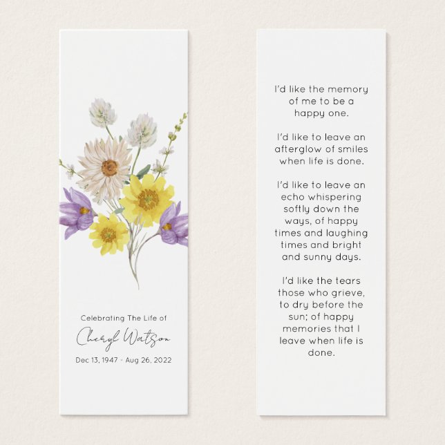 Simple Wildflower Funeral Memorial Bookmark (Vorne & Hinten)