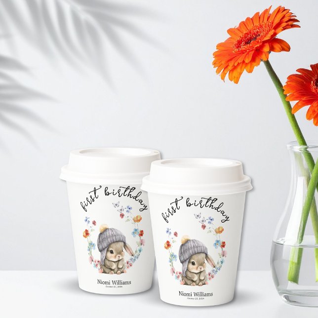 Simple Wildflower Woodland Bunny 1st Birthday  Pappbecher (Simple Wildflower Woodland Bunny 1st Birthday Paper Cup)