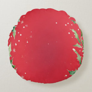 Simple Wreath Holly Berries Merry Xmas Muster Rundes Kissen